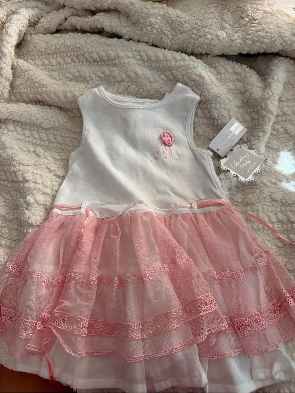 White & Pink Tulle Baby Dress with Ribbon AccentV Vitamins Baby